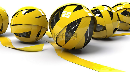 锁定期间在白色背景上配置成球体的黄色胶带条的 3D 渲染