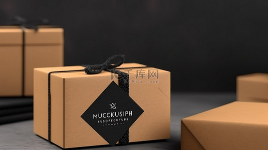 3D 渲染的牛皮纸棕色盒子，配有时尚的包装纸和黑卡模型