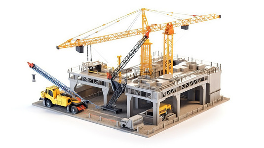 小型起重机背景图片_带起重机挖掘机和建筑设计元素的独立 3D 施工现场