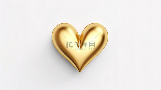 3D 渲染的扁平金金属心，从底部视图的白色背景上象征着爱