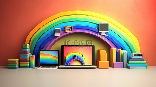 彩虹手背景图片_多功能电子产品彩虹墙架横幅，配有电脑笔记本电脑手机和数字平板电脑