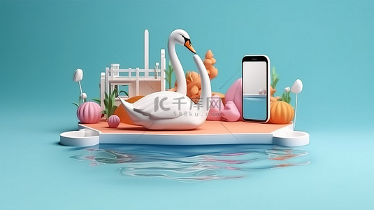 玩具卡通背景图片_天鹅漂浮的 3D 插图，带有复制空间，可在智能手机上预订暑假
