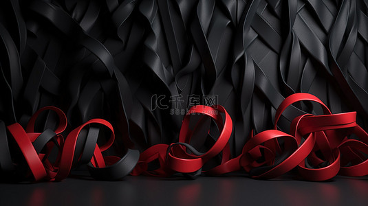 黑纸墙上的红色卷曲丝带背景 3D 渲染