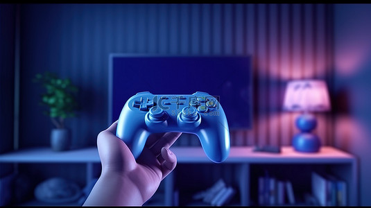 游戏机屏幕背景图片_3D 渲染人在背景中拿着电视的游戏控制器的插图