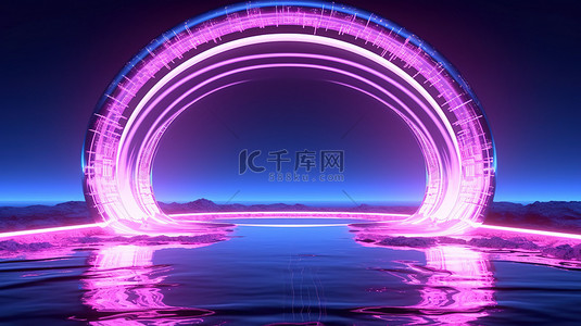 科幻地形背景图片_3D 渲染中座头鲸地形门户中的反光粉红色霓虹灯