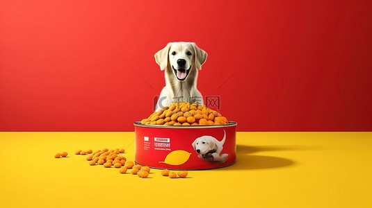 狗粮袋包装的 3D 渲染，旁边是充满活力的黄色背景上装满干狗粮的红色塑料碗