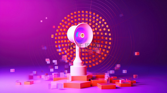 紫色背景上围绕扩音器 3d 渲染的圆形网络