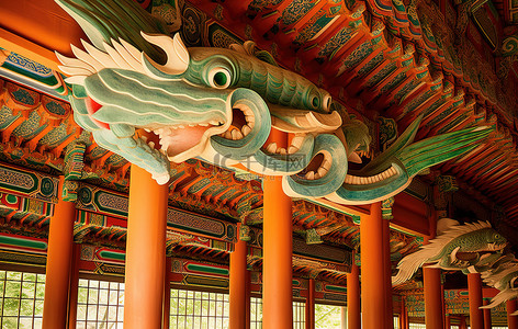 寺内背景图片_韩国建筑内的鱼形屋顶结构