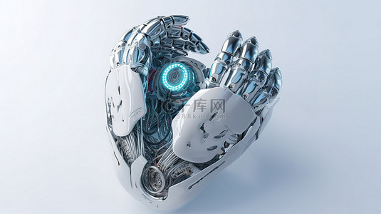 背影手指背景图片_白色背景孤立的机器人手心形 3d 渲染