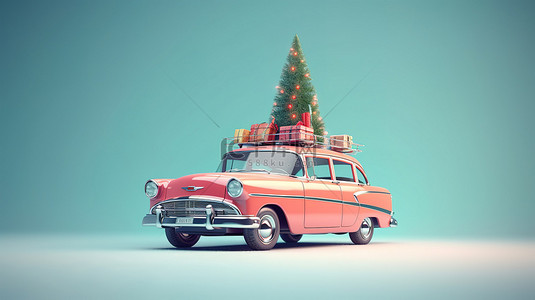 老式红色汽车，屋顶装有圣诞树，节日假期旅行快照 3D 渲染
