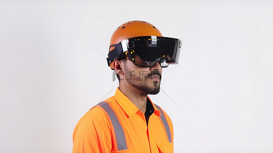 虚拟现实背景背景图片_戴着橙色头盔的 3D 土木工程师在浅色背景上吸引了注意力