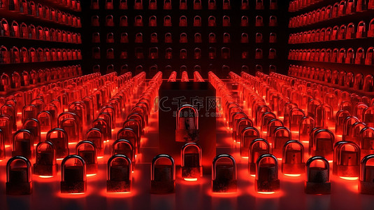 发光的红色热金属挂锁在 3D 渲染中的一排钢铁锁中脱颖而出
