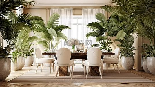 舒适的汉普顿风格内饰，餐厅设计中采用 3D 渲染棕榈植物