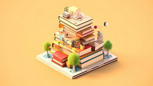 教育书籍的等距设计概念现代平面渲染