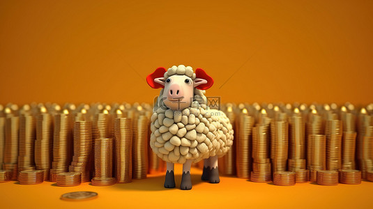 比特背景图片_一群羊和比特币的 3D 插图