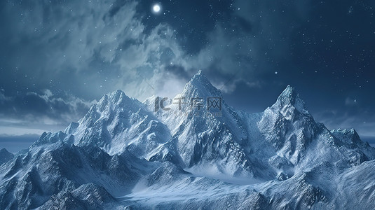 在发光的满月 3D 渲染下，一座雄伟的山被雪覆盖