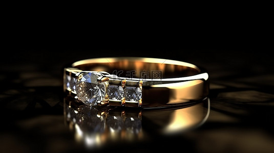 金配饰背景图片_3D 渲染金钻石戒指，复制空间隔离在黑色背景上