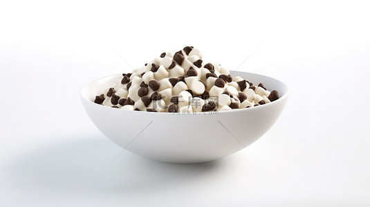 装满巧克力片的白色瓷碗的 3d 插图