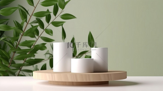 森林木桌背景图片_木板上绿叶背景的白色块化妆品展示架的 3D 渲染