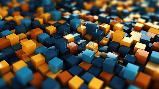 橙色和蓝色联锁彩色立方体作为壁纸的 3D 插图