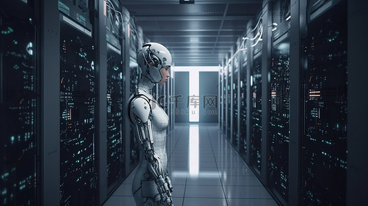 在高科技服务器室 3D 渲染中操作的女性机器人或机器人