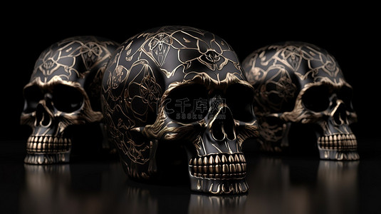 3D 渲染的黑色头骨插图集合