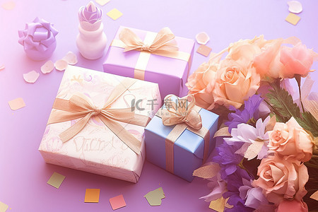 紫色背景上的卡片和礼物