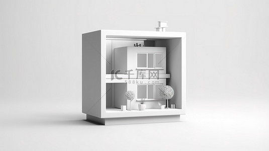 独立的白色背景 3D 渲染房屋框架图标，带有简约的房屋和房屋符号
