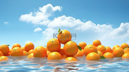 蓝背景图片_蓝天白云橙色水果的 3D 插图