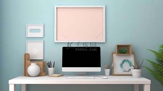 家庭办公室 3D 渲染相框和桌面工作区上的各种物品，带有空白电脑屏幕