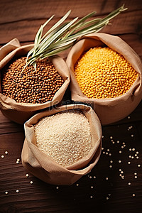 小米网盘背景图片_木桌上三篮红扁豆糙米小米种子和有机物