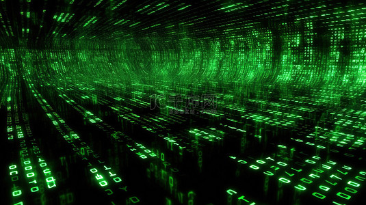绿色二进制代码数字在屏幕上飙升的 3D 插图，非常适合技术编码和计算机主题