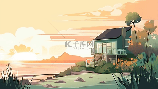 漂亮风景背景图片_卡通房子海边风景插画