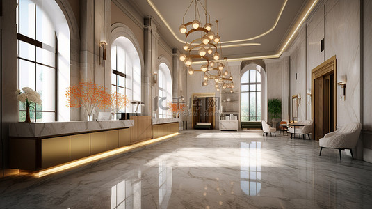 酒店接待处的 3D 渲染，配有令人惊叹的大理石台面