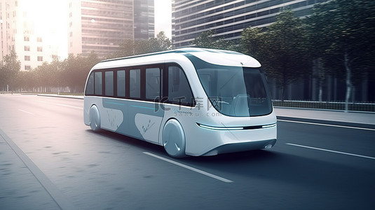 自动驾驶背景图片_在城市街道上利用先进车辆技术的智能自动驾驶电动巴士的 3D 渲染