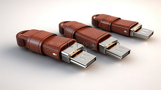白色背景展示 3D 渲染棕色皮革 USB 闪存驱动器
