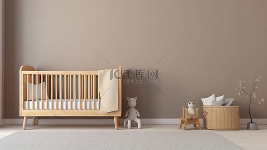 3D 渲染的托儿所内部的正面视图，配有木制婴儿床和空灰色墙壁