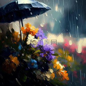 鲜花伞雨滴油画雨中花卉背景