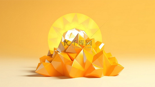 黄色太阳背景图片_阳光明媚的季节 3D 渲染白色背景与低聚黄色太阳