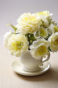 白色的花朵排列在茶杯中