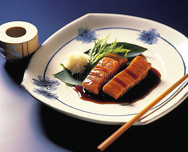 菜食物背景图片_叉寿司配姜酱汤