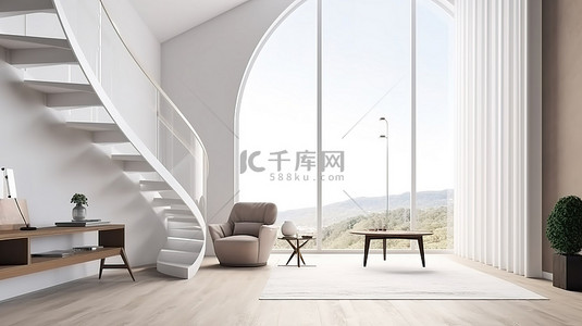 带弧形玻璃栏杆的现代夹层客厅 3d 渲染图