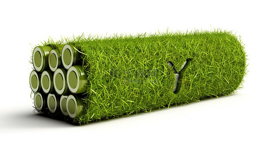 绿色能源 3d 渲染充满电的草电池与白色背景上的能量标志