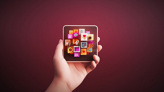 电话标志按钮背景图片_迷人的手机牵手，包含 3D 设计中的 Instagram 图标
