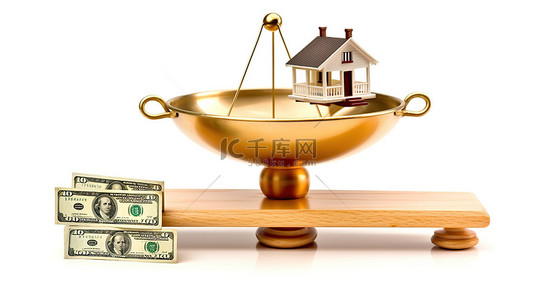 白色背景下房屋和金钱在规模上平衡的 3D 插图