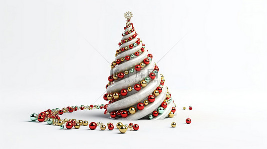 装饰球球背景图片_带有圣诞螺旋树和装饰球的白色工作室背景的 3D 渲染