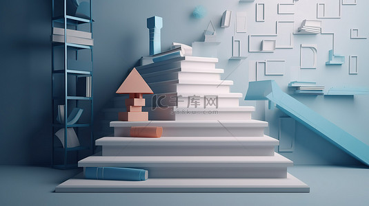 毕业教室背景背景图片_在蓝色背景下学习 3D 渲染的毕业帽书籍和楼梯的努力
