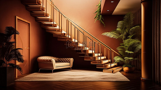 门地板背景图片_有室内楼梯和电梯3D渲染的豪华酒店休息室