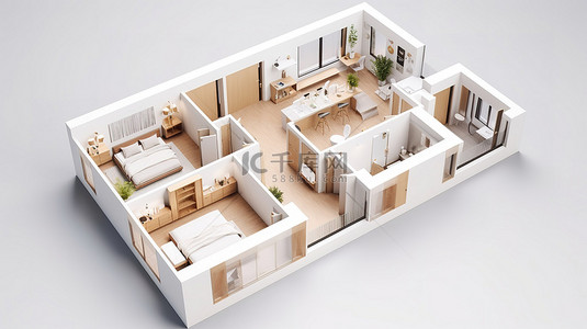 空纸模型中的两卧室公寓，白色背景 3D 室内渲染