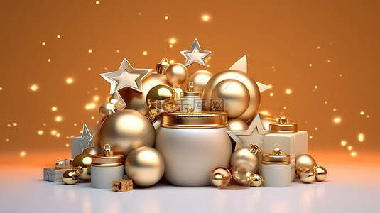 金色圆柱形产品展示，配有圣诞球和星星，非常适合节日礼物赠送 3D 渲染图像